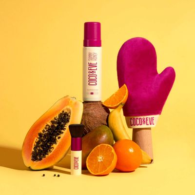 Coco &amp; Eve Sunny Honey Bali Bronzing Bundle (Medium). All Natural Sunless Tanning Mousse. Instant Self Tanning Lotion with Bronzer, Mitt Applicator and Kabuki Brush.
