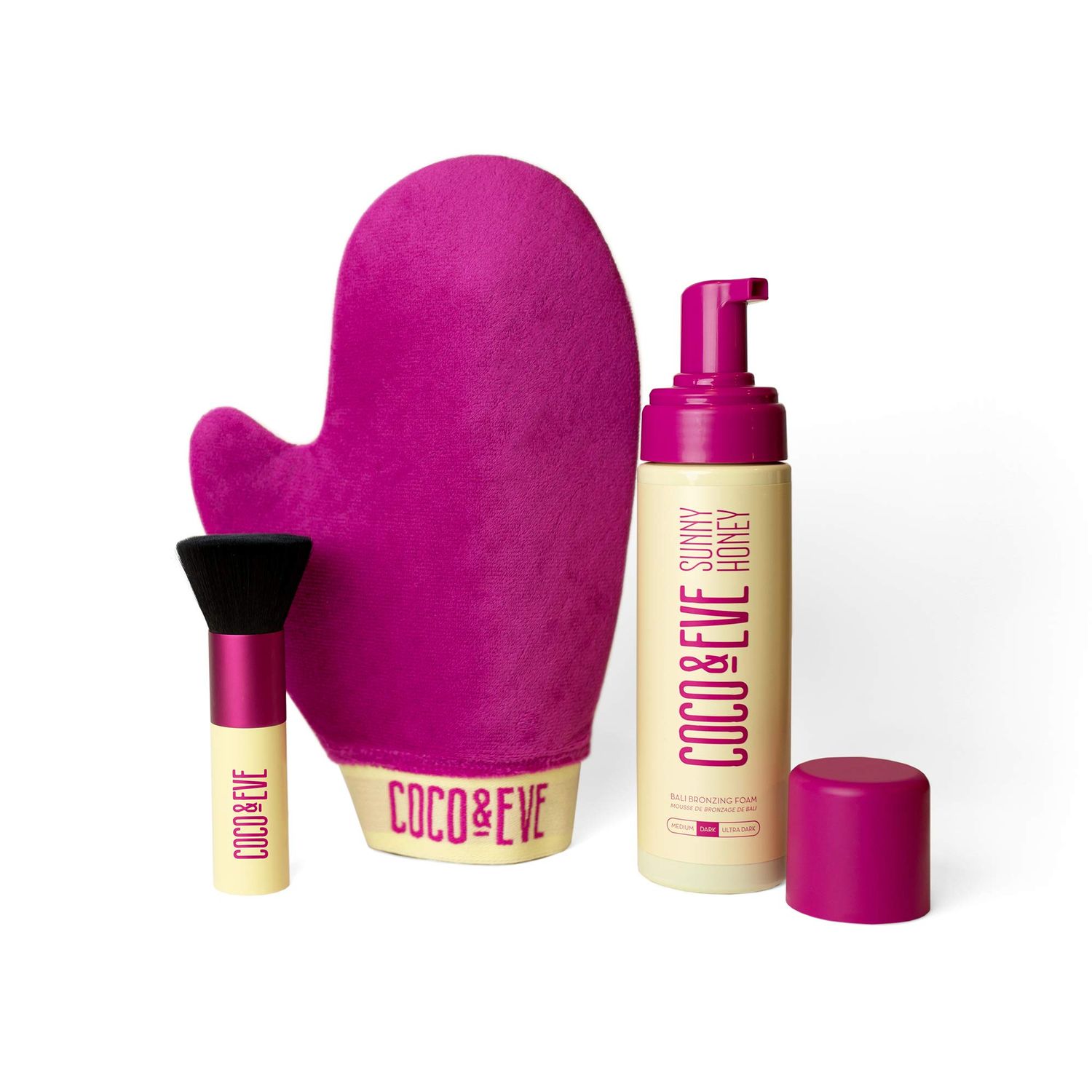 Coco &amp; Eve Sunny Honey Bali Bronzing Bundle (Medium). All Natural Sunless Tanning Mousse. Instant Self Tanning Lotion with Bronzer, Mitt Applicator and Kabuki Brush.