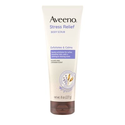 Aveeno Stress Relief Body Scrub, Exfoliating Body Wash for Softer, Smoother Skin, Formulated with Prebiotic Oat &amp; Lavender Scent to Calm &amp; Relax, Sulfate-Free &amp; Soap-Free, 8 fl. oz