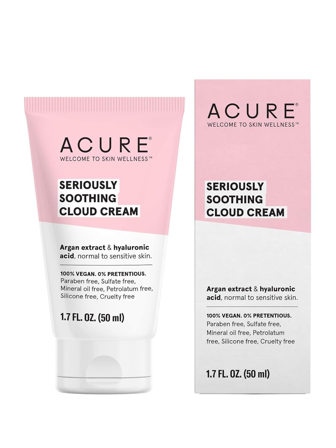 Acure Seriously Soothing Cloud Cream - Hydrating Night Cream for Normal to Dry Sensitive Skin, Facial Moisturizer for All Skin Types, Enriched with Argan Extract &amp; Hyaluronic Acid,100% Vegan - 1.7 oz