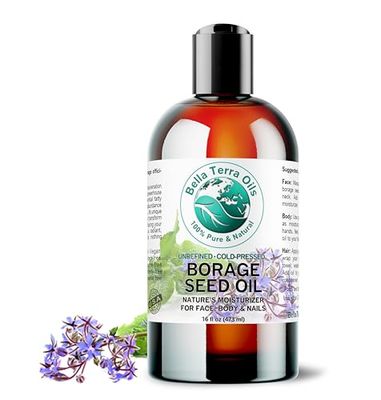 Bella Terra Oils - Organic Borage Seed Oil 16 oz - Unveiling the Power of GLA &amp; Vital Vitamins, Pure Nourishment, Elevate Every Skin Care Routine