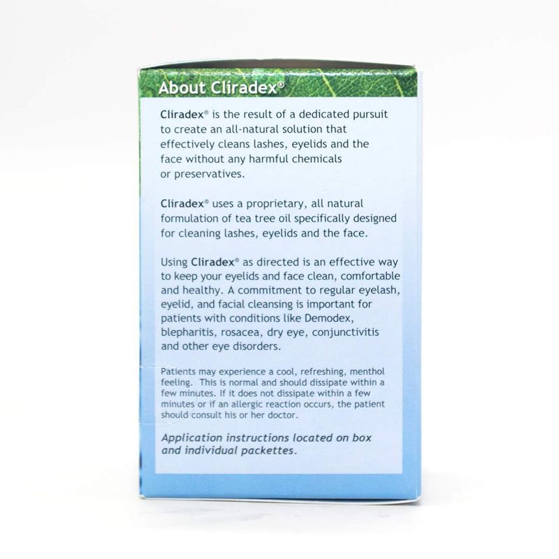 Cliradex Towelettes - Natural Face, Eyelash &amp; Eyelid Cleanser - Wipes for Demodex, Blepharitis, Mgd and Red Irritated Eye Lid - Tea Tree Oil Extract.