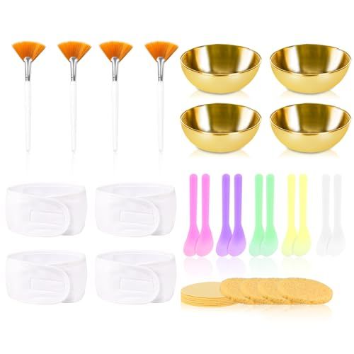 34 Pcs Esthetician Supplies for Facials 4 Gold Esthetician Bowls 10 Facial Mud Mask Applicator 4 Cosmetic Brushes Fan Brush 12 Compressed Facial Sponges 4 Facial Headbands