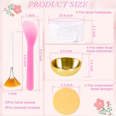 34 Pcs Esthetician Supplies for Facials 4 Gold Esthetician Bowls 10 Facial Mud Mask Applicator 4 Cosmetic Brushes Fan Brush 12 Compressed Facial Sponges 4 Facial Headbands