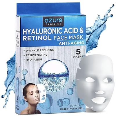 AZURE Hyaluronic Acid &amp; Retinol Anti Aging Facial Mask - Dermatologist Tested - Rejuvenating &amp; Hydrating Face Mask - Helps Reduce Fine Lines &amp; Wrinkles, Smooths &amp; Repairs - Korean Skin Care - 5 Pack