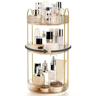 Cididu 360 Rotating Makeup Organizer, 3 Tiers Plastic Bathroom Spinning Holder Rack, Round Lazy Susan Organizer, Large Capacity Countertop Shelf for Cosmetics, Perfume, Skincare, Spice, Toiletries