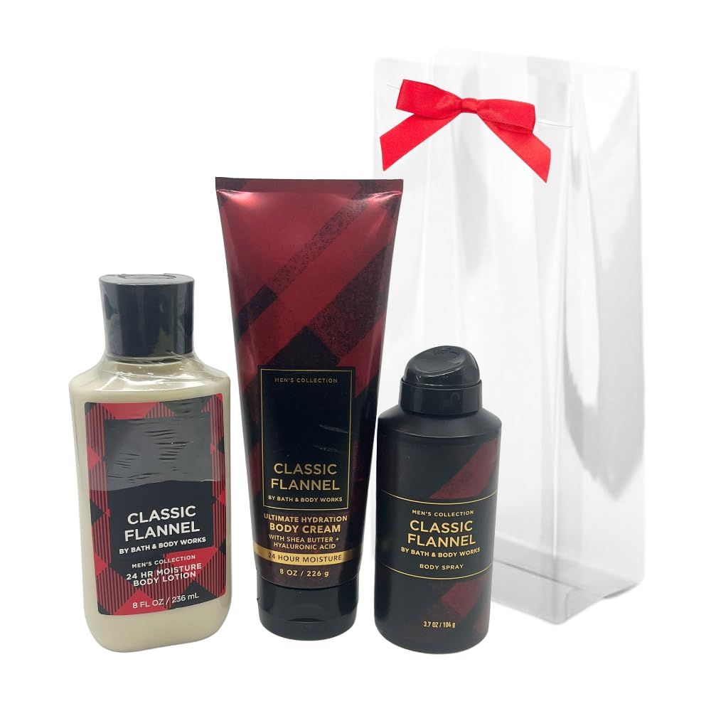 Bath &amp; Body Works CLASSIC FLANNEL 3-piece Gift Set for Men with a Red Bow for Holiday &amp; Gifts - Body Lotion, Body Cream and Body Spray