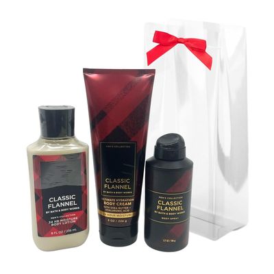 Bath &amp; Body Works CLASSIC FLANNEL 3-piece Gift Set for Men with a Red Bow for Holiday &amp; Gifts - Body Lotion, Body Cream and Body Spray