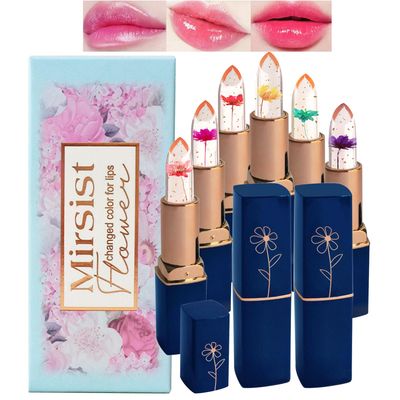 Aseawave 6 PCS pH Color Changing Lipstick, Crystal Flower Jelly Lipstick Glimmer Balm for all Skin Tones, Soft Tint &amp; Subtle Shimmer Effect (Pink)