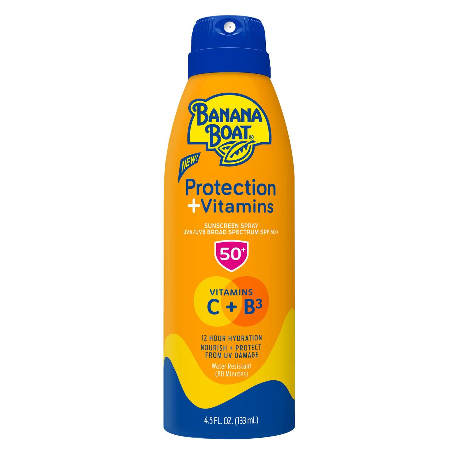 Banana Boat Protection + Vitamins Sunscreen Spray SPF 50 | Moisturizing Sunscreen with Vitamin C &amp; Niacinamide | Banana Boat Spray Sunscreen, Vitamin B3 &amp; Vitamin C Sunscreen, 4.5 oz.