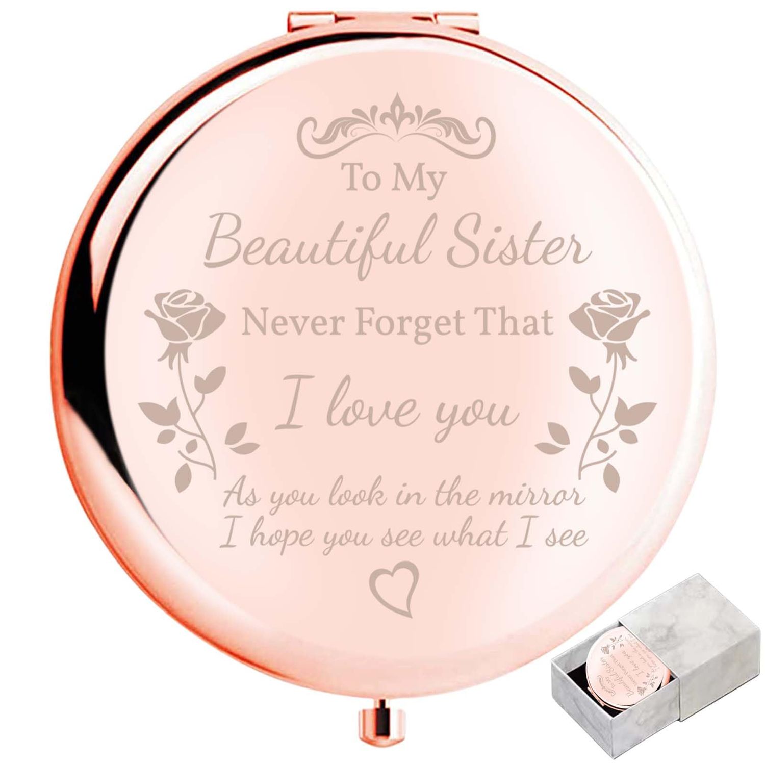 boutikpro Sister Gifts Compact Mirror, to My Beautiful Sister Gorgeous Rose Gold Compact Mirror Unique Friend Gift Mirror for Women Girls Sisters for Women BFF