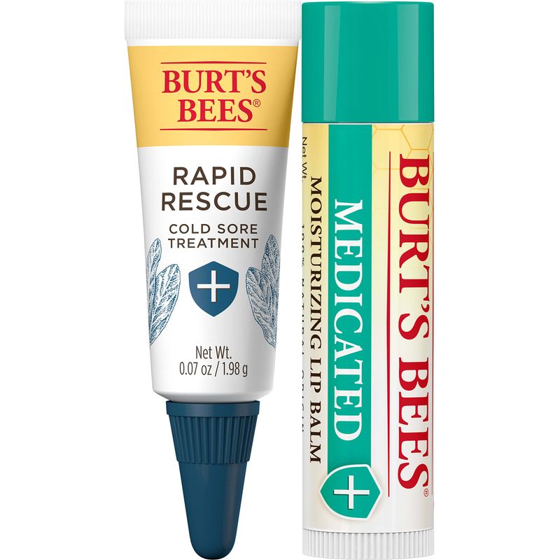 Burt&#39;s Bees Cold Sore Treatment and Medicated Lip Balm, College Back to School Dorm Essentials, With Menthol and Eucalyptus Oil, Natural Origin Skincare, 2 Tubes, 0.07 oz./0.15 oz.