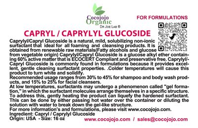 Dr Joe Lab Capryl Glucoside Liquid Surfactant - Caprylyl Natural, Plant Derived - DIY Skin Care - Shower Gels, Foaming, Body Soap, Shampoos Baby Products Face Cleansers - COCOJOJO (16 oz)