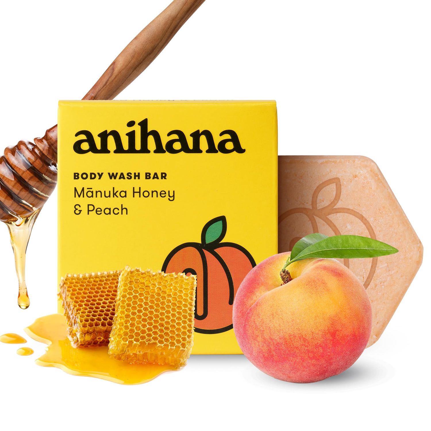 ANIHANA Body Wash Bar with Coconut Oil, Soap Free, Moisturizing, Gentle, Soft Skin Care, Refreshing Manuka Honey &amp; Peach Scent 2.8 Oz