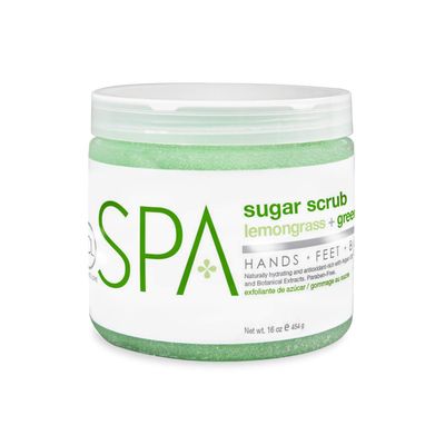 Be Care Love Spa Sugar Scrub Lemongrass + Green Tea to moisturize, detoxify and purify skin for acne-prone, oily, or damaged skin.16 oz
