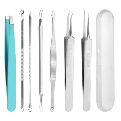 7pcs Pimple Popper Tool Kit, Blackhead Remover Ingrown Hair Tweezers Professional Stainless Steel Comedone Extractor Easy Removal Pimples Pore Extractor Acne Tools with Box for Face Nose