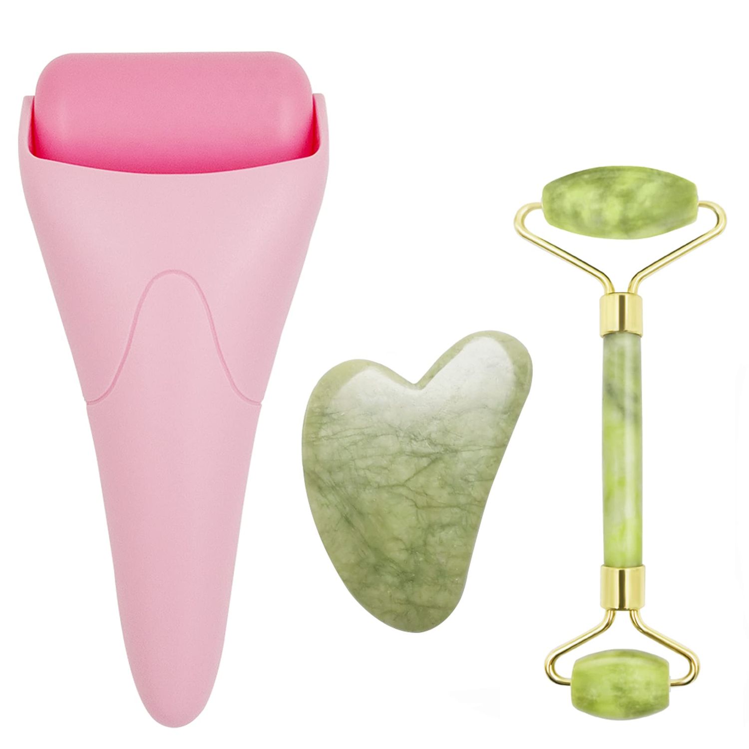 3 in 1 Ficial Face Ice Jade Roller and Gua Sha Tool, Natural Real Jade Anti-Wrinkle Face Eye Neck Massager Tool, Reduce Wrinkles, Puffiness, Migraine, Redness, Pain and InjuryPink