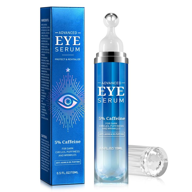 5% Caffeine Eye Cream Under Eye Serum for Women, Eye Serum for Dark Circles Puffiness Eye Bags Fine Lines Wrinkles with 360 Eye Roller Massage Ball, Morning Night Skin Care, 0.5 Fl Oz