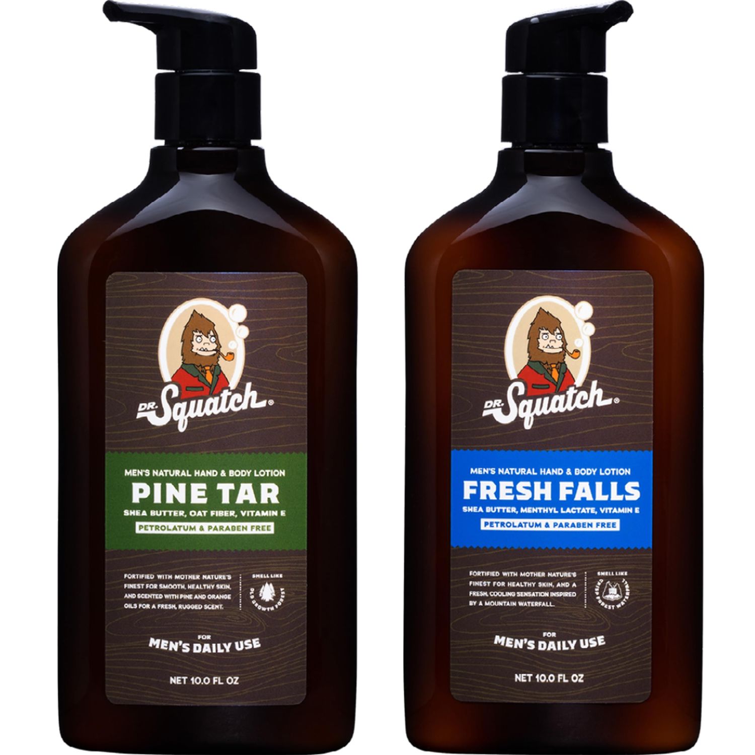 Dr. Squatch Men&#39;s Non-Greasy Natural Lotion - 24-hour moisturization hand and body lotion - Made with Shea Butter, Coconut Oil, and Vitamin E - Pine Tar, Fresh Falls (2 Pack)