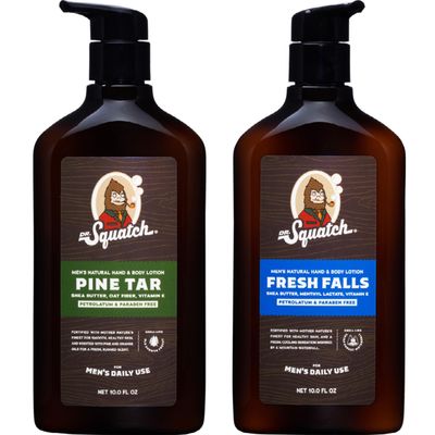 Dr. Squatch Men&#39;s Non-Greasy Natural Lotion - 24-hour moisturization hand and body lotion - Made with Shea Butter, Coconut Oil, and Vitamin E - Pine Tar, Fresh Falls (2 Pack)