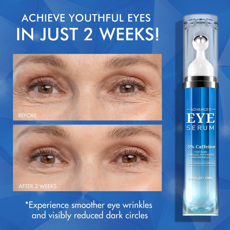 5% Caffeine Eye Cream Under Eye Serum for Women, Eye Serum for Dark Circles Puffiness Eye Bags Fine Lines Wrinkles with 360 Eye Roller Massage Ball, Morning Night Skin Care, 0.5 Fl Oz