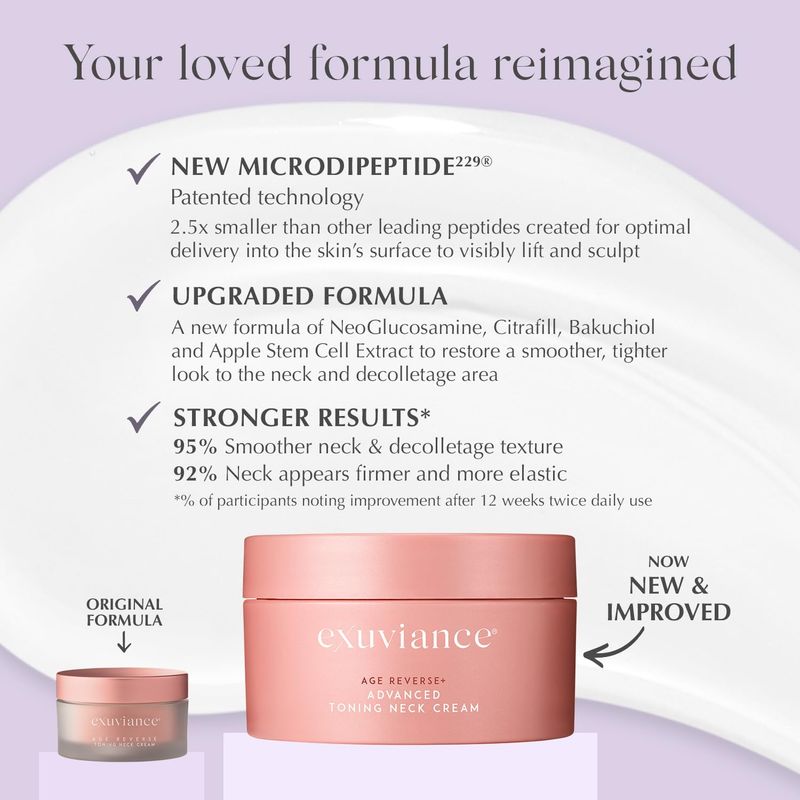 EXUVIANCE AGE REVERSE+ Toning and Firming Neck Cream, Tightens Fine Lines and Wrinkles, Evens Tone, Anti-Aging Dcolletage Moisturizer with Advanced Peptide Formula, Bakuchiol, Vitamin E, 4.4 oz