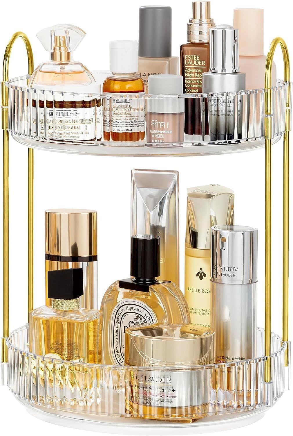 HBlife 360 Rotating Makeup Organizer, 2 Tier Spinning Perfume Skincare Organizer Large Capacity Cosmetic Storage for Bathroom, Vanity, Countertop, Clear