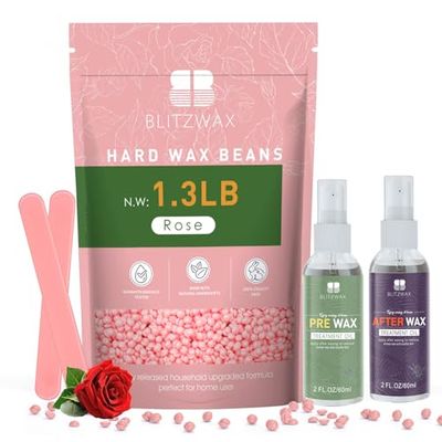 BLITZWAX Rose Wax Beads for Hair Removal 1.3lb Hard Wax Beans for Sensitive Skin, with 2 Silicone Sticks and 2 Pre&amp;Post Waxing Oils for Bikini, Face and Brazilian, Suitable for Women Men at Home Salon