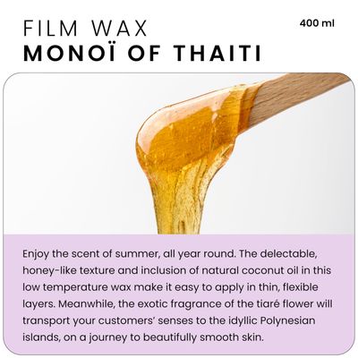 Depileve Monoi of Tahiti Extra Film No-Strip Wax - Fast Drying, Easy to Spread Full Body Wax - Ideal for All Skin Types - Opalescent Aqua Formula with Elastic Texture and Floral Scent - 14.1 oz.