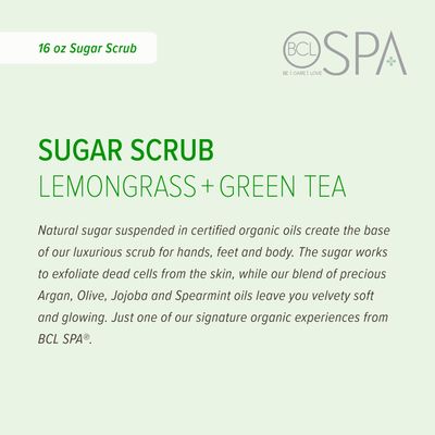 Be Care Love Spa Sugar Scrub Lemongrass + Green Tea to moisturize, detoxify and purify skin for acne-prone, oily, or damaged skin.16 oz