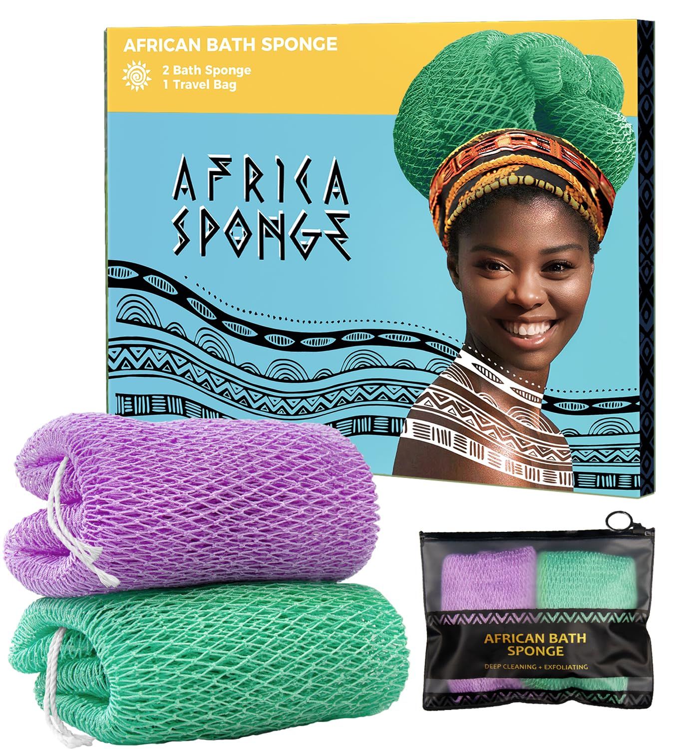 African Net Sponge Authentic - 2 Pieces Real African Exfoliating Loofah Sponge with Knots - African Net Wash Cloths for Body Scrubber Exfoliator Seawave &amp; Lilac - Back Scrub for Shower Bath