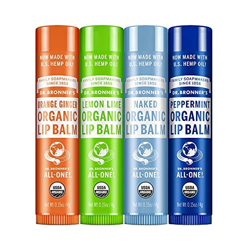 Dr. Bronner&#39;s - Organic Lip Balm Variety Peppermint, Orange Ginger, Naked, Lemon Lime) - Made with Organic Beeswax and Avocado Oil, For Dry Lips, Hands, Chin or Cheeks, 0.15 Ounce (Pack of 4)