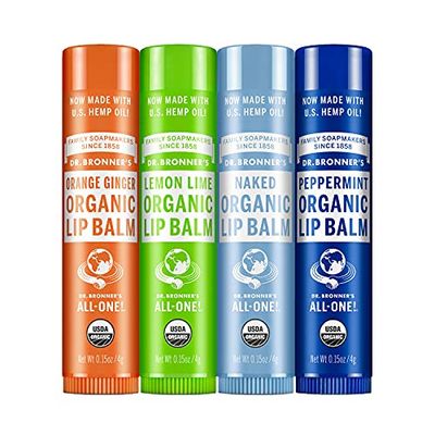 Dr. Bronner&#39;s - Organic Lip Balm Variety Peppermint, Orange Ginger, Naked, Lemon Lime) - Made with Organic Beeswax and Avocado Oil, For Dry Lips, Hands, Chin or Cheeks, 0.15 Ounce (Pack of 4)
