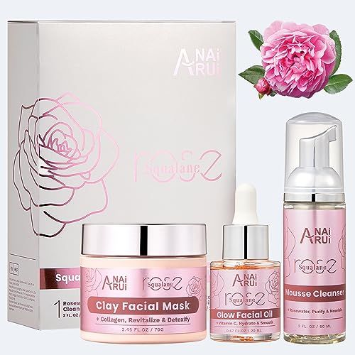 ANAiRUi Skincare Gift Set, Rose Christmas Gift for Women, Facial Kit for Women, Rose &amp; Squalane Face wash and Moisturizer Set with Clay Mask, Face Cleanser and Facial Oil, Purify, Hydrate, Radiant