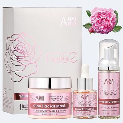 ANAiRUi Skincare Gift Set, Rose Christmas Gift for Women, Facial Kit for Women, Rose &amp; Squalane Face wash and Moisturizer Set with Clay Mask, Face Cleanser and Facial Oil, Purify, Hydrate, Radiant