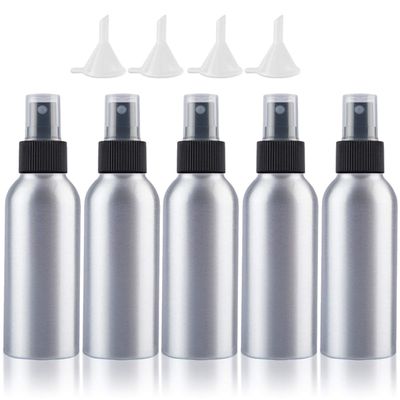 Empty Spray Bottles Travel Size 100ml/3.4oz 5 Pack Small Spray Bottle Aluminum Metal Fine Mist Refillable Atomizer Set with Lids for Liquids Skincare Cosmetic Perfume Storage, with 4pcs Small Funnels