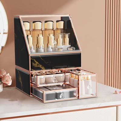 CoralHouse Makeup Organizer Countertop Tempered Glass Cosmetic Organizer,Perfect Skincare Organizer and Makeup Storage Elegant Vanity Organizer,Black