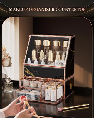CoralHouse Makeup Organizer Countertop Tempered Glass Cosmetic Organizer,Perfect Skincare Organizer and Makeup Storage Elegant Vanity Organizer,Black