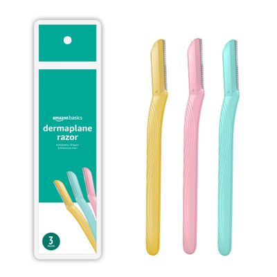 Amazon Basics Women&#39;s Multipurpose Exfoliating Dermaplaning Tool, Eyebrow Razor, and Facial Razor, Includes Blade Cover, Multicolor, 3 Count