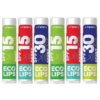 Eco Lips Classic Variety Broad Spectrum Sunscreen Lip Balm 6-Pack (Berry, Sport, Mint) - 100% Plastic-Free Plant Pod Packaging - Made in USA