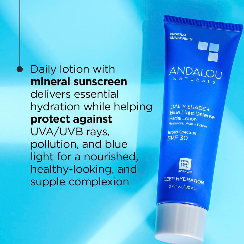 Andalou Naturals Face Sunscreen, SPF 30 Daily Shade + Blue Light Defense Facial Lotion, Broad Spectrum Protection, Deeply Hydrating Mineral Sun Block with Hyaluronic Acid &amp; Zinc Oxide, 2.7 Fl Oz