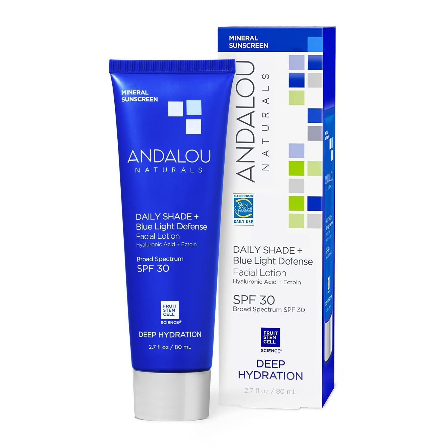 Andalou Naturals Face Sunscreen, SPF 30 Daily Shade + Blue Light Defense Facial Lotion, Broad Spectrum Protection, Deeply Hydrating Mineral Sun Block with Hyaluronic Acid &amp; Zinc Oxide, 2.7 Fl Oz