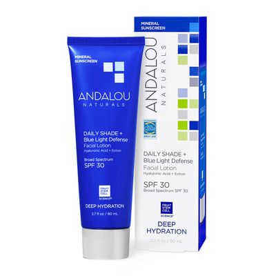 Andalou Naturals Face Sunscreen, SPF 30 Daily Shade + Blue Light Defense Facial Lotion, Broad Spectrum Protection, Deeply Hydrating Mineral Sun Block with Hyaluronic Acid &amp; Zinc Oxide, 2.7 Fl Oz