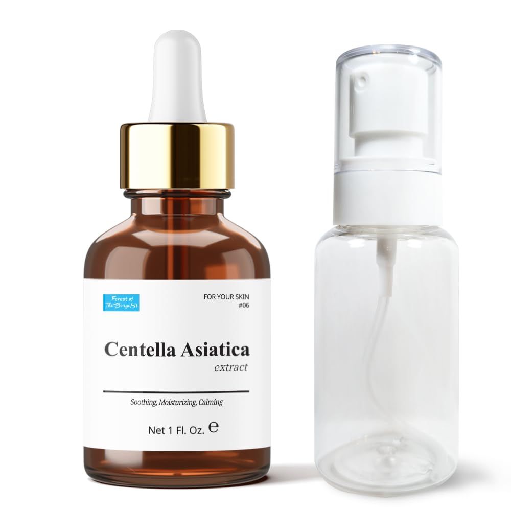 Centella Asiatica Extract 1 fl. oz. Dropper for soothing, moisturizing, and calming skin. using as facial toner or mist. Empty spray bottle included.