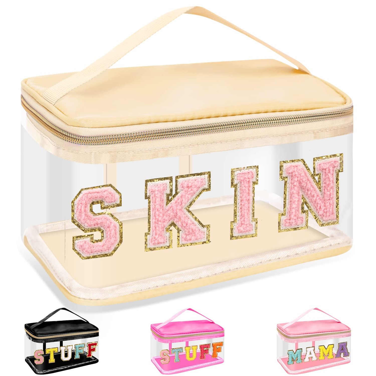 Chenille Letter Clear Makeup Bags Skin Pouch, Preppy Patch Makeup Bag Zipper with Handle, Transparent PVC &amp; Nylon Waterproof Glitter Cosmetic Handbag Travel Toiletry Storage for Women Girl(SKIN-Beige)