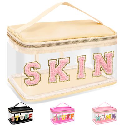 Chenille Letter Clear Makeup Bags Skin Pouch, Preppy Patch Makeup Bag Zipper with Handle, Transparent PVC &amp; Nylon Waterproof Glitter Cosmetic Handbag Travel Toiletry Storage for Women Girl(SKIN-Beige)