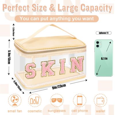 Chenille Letter Clear Makeup Bags Skin Pouch, Preppy Patch Makeup Bag Zipper with Handle, Transparent PVC &amp; Nylon Waterproof Glitter Cosmetic Handbag Travel Toiletry Storage for Women Girl(SKIN-Beige)