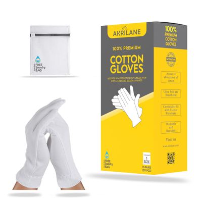1 Size 10 Pairs 100% Premium Cotton Gloves for Dry Hands | Moisturizing Overnight Gloves for Eczema, Psoriasis &amp; Skin Spa Treatment for Women &amp; Men | Washable &amp; Reusable with Free Laundry Bag