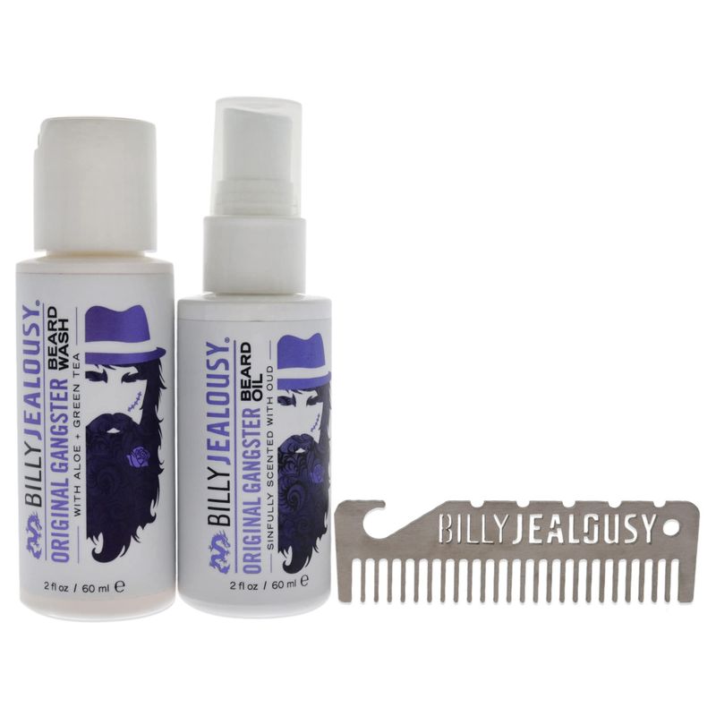 Billy Jealousy Original Gangster Beard Kit with Trave Size Beard Wash, Beard Oil and Titanium Keychain Comb to Cleanse, Stengthen &amp; Soften Facial Hair, Oud Wood Scent