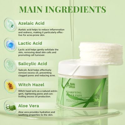 ANAI RUI Clarifying Toner Pads for Face, with Lactic Acid, Salicylic Acid, Azelaic Acid, Facil Peel Pad, Face Exfoliating Pad for Acne &amp; Blemishes Clear, Balance Skin's PH, 50 Pads